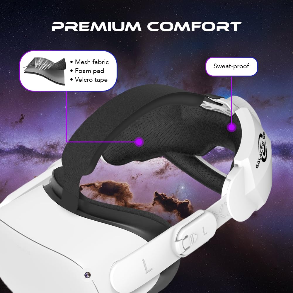 GALACTIK GEAR - Premium Comfort Lightweight Oculus/Meta Quest 2 Adjustable Elite Head Strap Replacement with Enhanced Breathable Support to Reduce Neck and Head Pressure, Vr Accessories